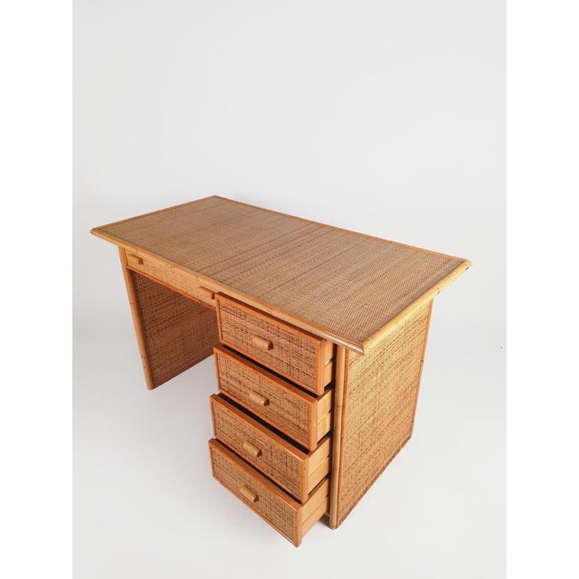 Vintage Italian Writing Desk with Drawers in Bamboo, Rattan and Plywood, 1970s For Sale - Image 15 of 18