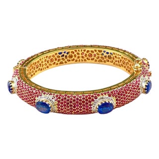 Bochic "Capri" Natural Ruby, Sapphire & Diamond Bangle Set In 18K Gold & Silver For Sale