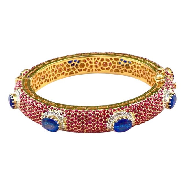 Bochic "Capri" Natural Ruby, Sapphire & Diamond Bangle Set In 18K Gold & Silver For Sale