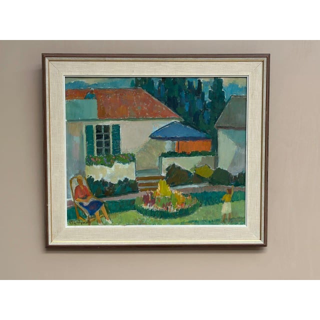 Original swedish oil on canvas – “summer cottage with figures” by carl magnus lindqvist – vintage & framed – 57 × 66 cm...