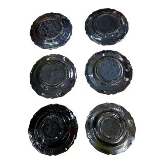 Set of 6 Antique French Dieulefit Pottery Plate W/Reactive Glaze & Fluted Rim For Sale