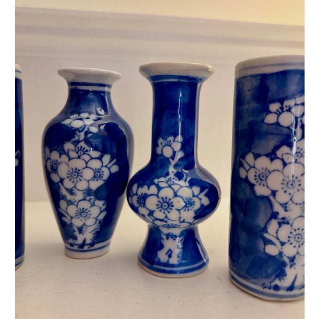 Chinoiserie Vintage Blue and White Cherry Blossom Porcelain Petite Mini Vases For Sale - Image 3 of 7
