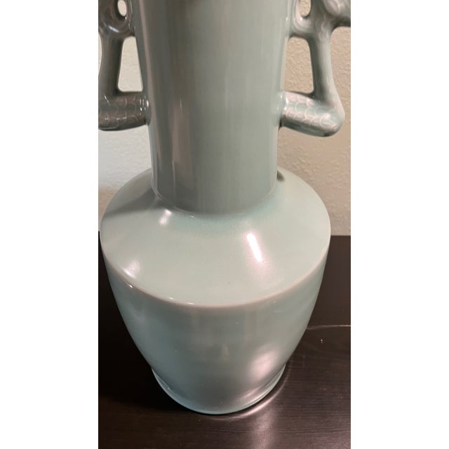 Chinese Mid 20th Century Large 18" Celadon Porcelain Vase With Dragon Handles - Heavy Decorative Vessel For Sale - Image 3 of 8