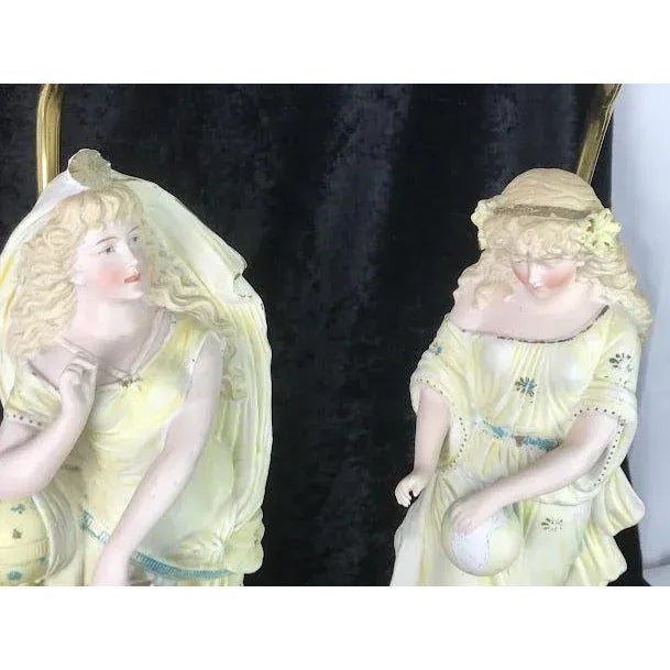 Vintage Bisque Soft Yellow Figurine Lamps, Made in Germany - Set of 2 For Sale - Image 4 of 13