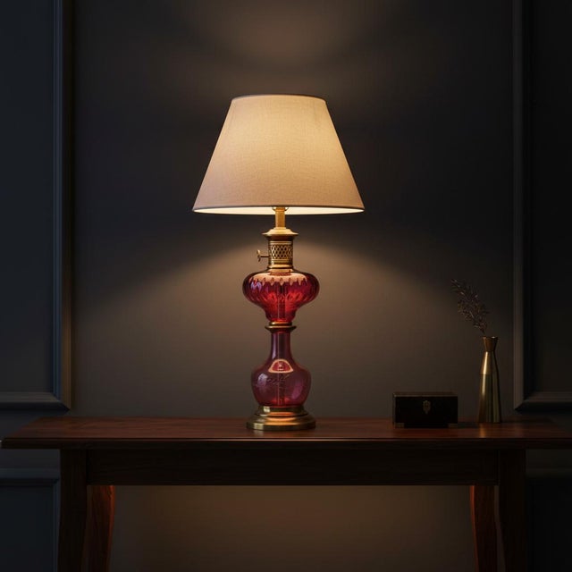 Late 20th Century Vintage Cranberry Cut Glass Table Lamp With Brass Hardware For Sale - Image 5 of 10