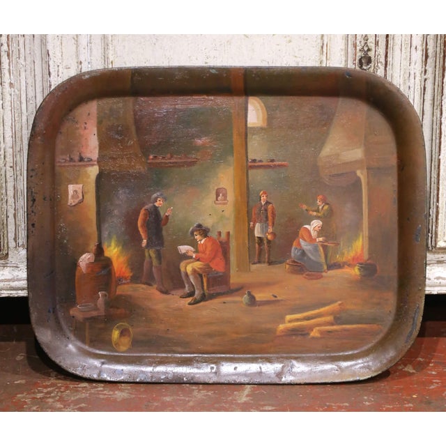 Mid 19th Century 19th Century French Hand-Painted Tole Tray With Interior Tavern Scene For Sale - Image 5 of 8