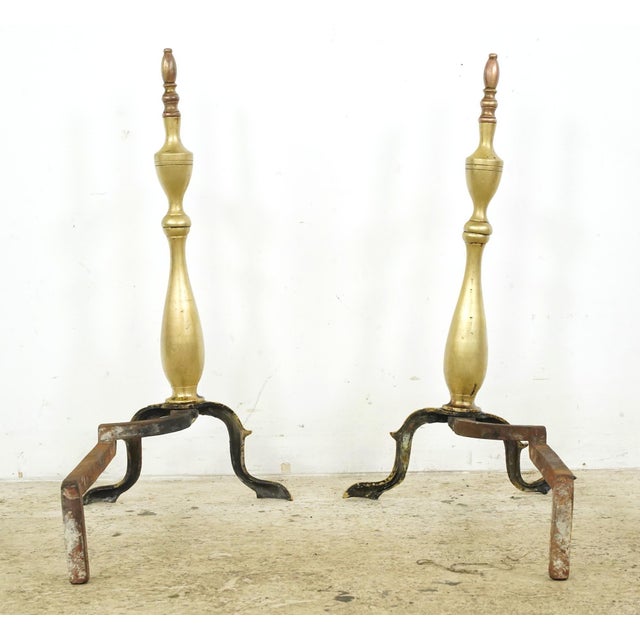 Metal Pair of Antique Federal Brass Fireplace Andirons For Sale - Image 7 of 8
