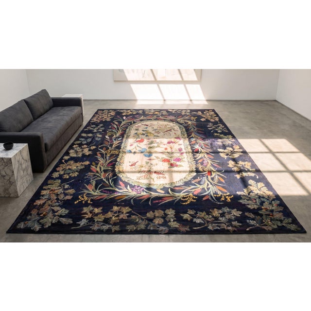 Extraordinary Navy Background With Nice Folk Art Style Antique American Hooked Rug For Sale - Image 9 of 9