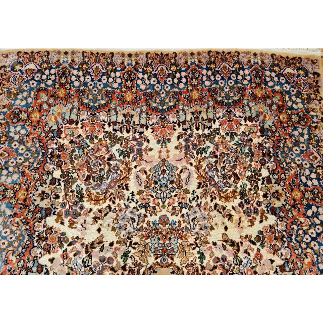 Vintage Persian Kerman Lavar Rug, Hand-Knotted Wool & Silk, Allover Floral Pattern, Ivory & Blue, 4x7 For Sale - Image 10 of 17