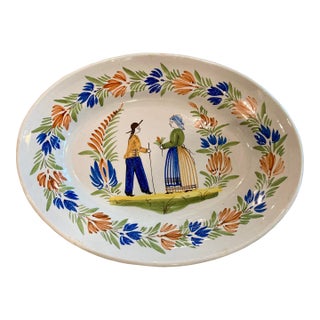 Antique Quimper Oval Platter With Petit Breton Couple Late 19th Century For Sale