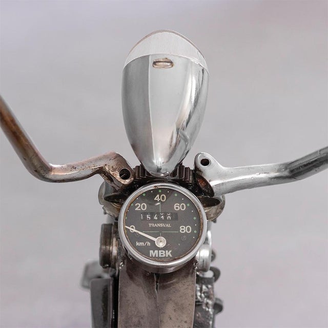 New Handcrafted Recycled Metal Motorbike Sculpture | 37" X 23" | One of a Kind For Sale - Image 10 of 10