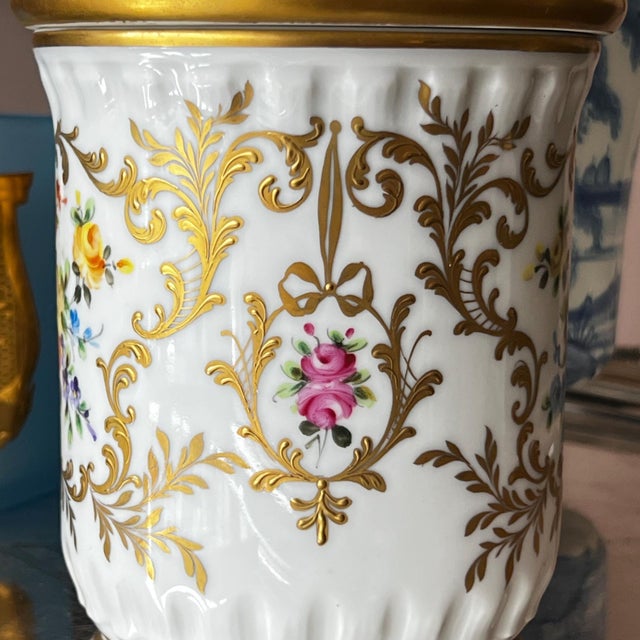 1960s Camille Le Tellac hand-painted jar with flowers and gilt accents // made in Paris // elegant French style decor // porcelain jar with lid For Sale In Kansas City - Image 6 of 18