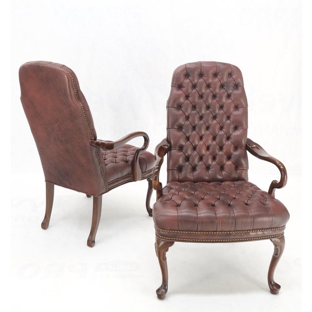 Burgundy Pair Burgundy Leather Queen Anne Tufted Upholstery Walnut Armchairs MINT For Sale - Image 8 of 17