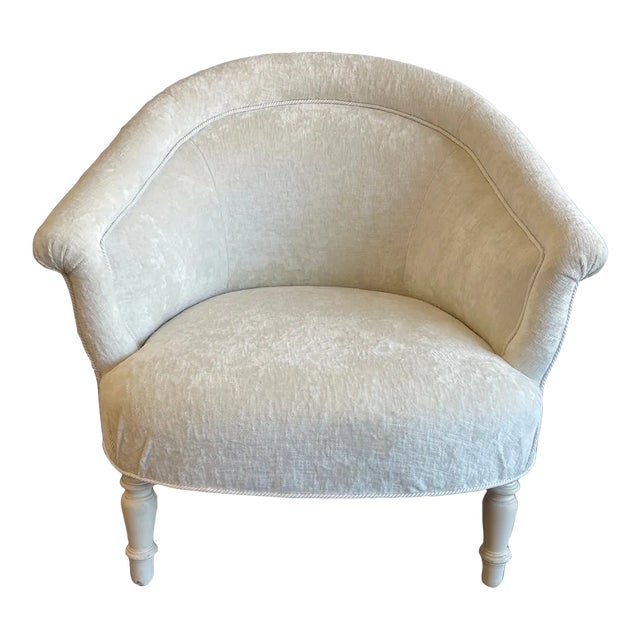 Late 20th Century Vintage Small French Arm Chair Newly Upholstered in a Clarence House Antiqued Linen Velvet For Sale