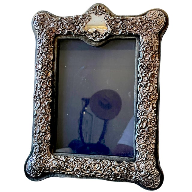 Rococo 1980s Rococo Revival Silverplated Picture Frame With Floral Scrollwork and Crest Cartouche 10.75" × 8.5" for 5" × 7" Image For Sale - Image 3 of 13