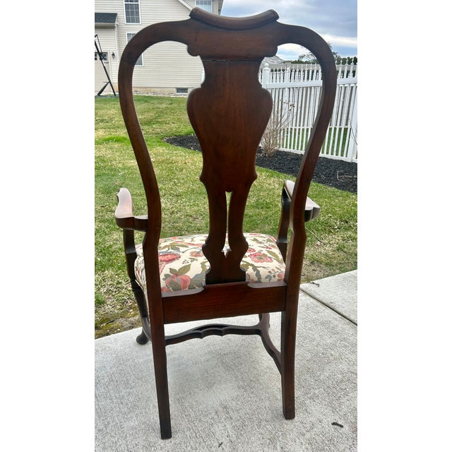 Antique Carved Walnut Queen Anne Style High Back Arm Chair W/Stretcher Base For Sale - Image 9 of 13