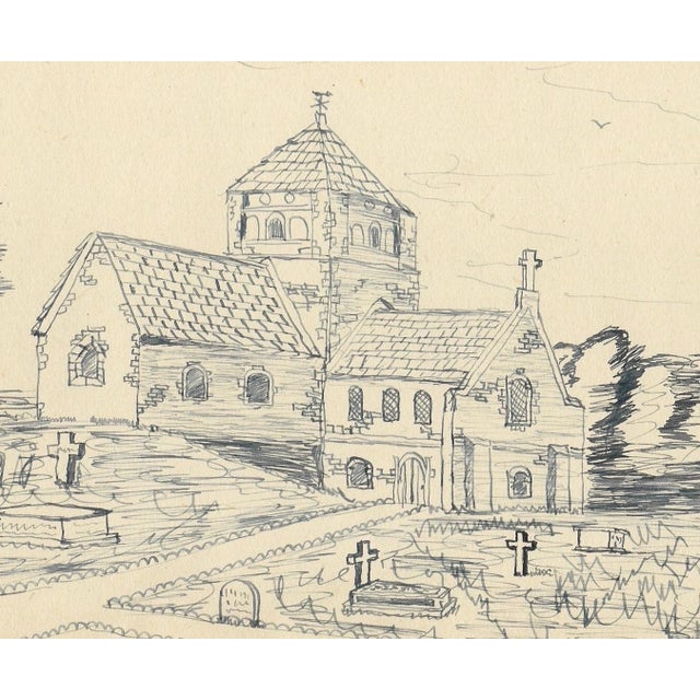 1943 drawing of a church and graveyard by William E. Wood, a Devon artist in England. Unsigned. Combined shipping...