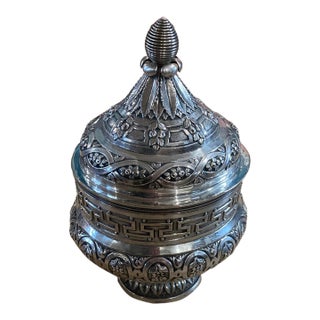 Antique Silver Covered Urn — Repoussé Greek Key, Fruit & Foliage Motifs, 2.86 LBS For Sale