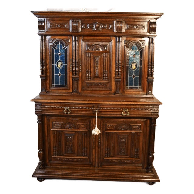 1860s Antique French Gothic Revival Solid Oak & Stained Glass Doors Cabinet For Sale