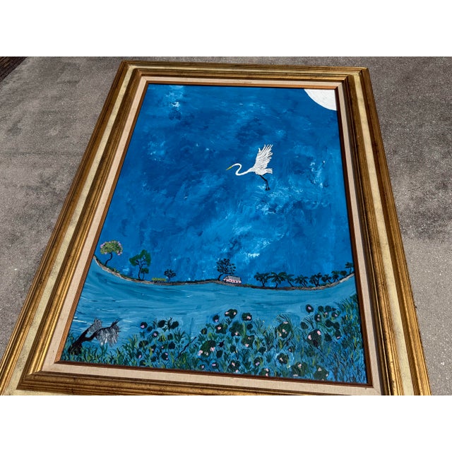 Late 20th Century Vintage Large Folk Art Tropical Landscape Painting With Egret in Gilt Wood Frame For Sale - Image 5 of 15