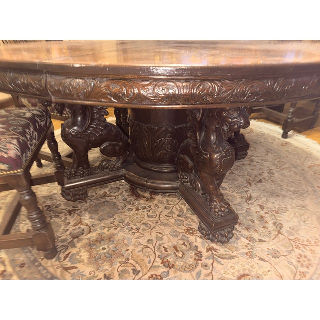 R. J. Horner & Co. Late 19th Century Oak Pedestal Extension Dining Table With Carved Skirt and Sculpted Griffin Legs Attributed to R. J. Horner & Co. For Sale - Image 4 of 6