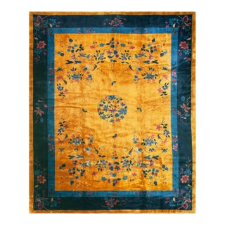 1920s Yellow Field Open Field Medallion Antique Art Deco Chinese Rug For Sale