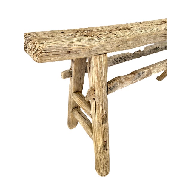 Brown Antique Rustic Elm Long Bench For Sale - Image 8 of 9