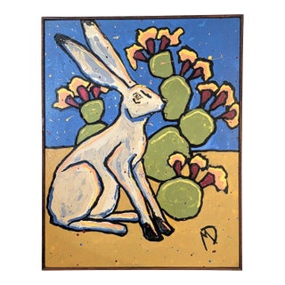 Mikel Davison Large Modern American Folk Art Painting - Rabbit in the Prickly Pear For Sale