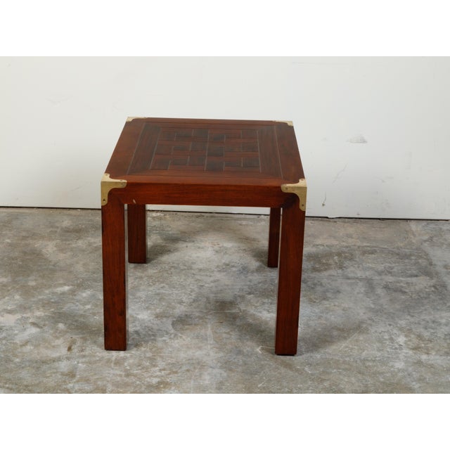 English Midcentury Campaign Style Side Table with Parquet Top and Brass Braces For Sale - Image 9 of 11