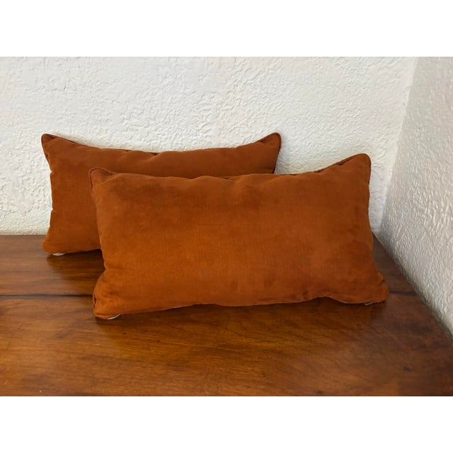 Faux Suede Lumbar Pillow Pair, Burnt Orange For Sale - Image 6 of 6