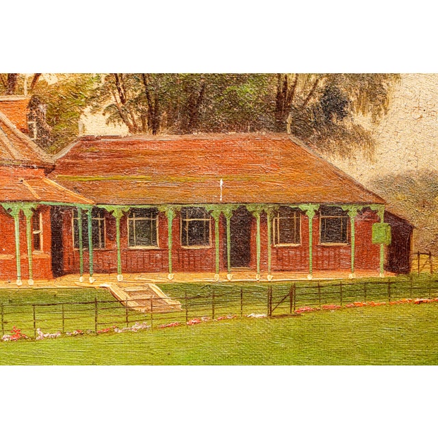 Green Charming Antique Framed Oil Painting English Cricket Pavilion Sports Victorian Architecture Home Wall Decor For Sale - Image 8 of 15