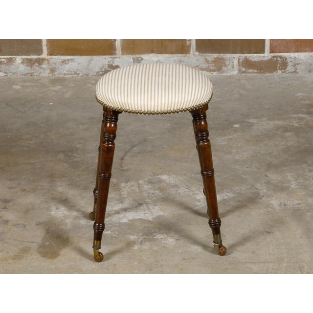 19th Century English Turned Oak 19th Century Stool on Casters with Oval Upholstered Seat For Sale - Image 5 of 12