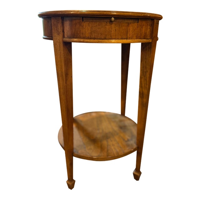 Vintage Lane Furniture Round Burl Wood Two-Tier Side Table With Candle Slide — Mid Century For Sale