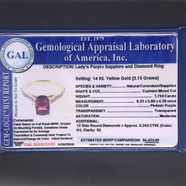 2010s Diamond Purple Sapphire Ring 2 TCW 14k Gold Certified, Size 6.5 For Sale - Image 5 of 9