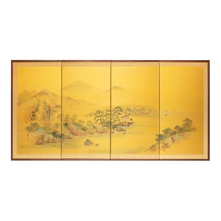 C. 1960s "Landscape With River and Boats", Showa Era Japanese Painted Silk Byobu Screen For Sale