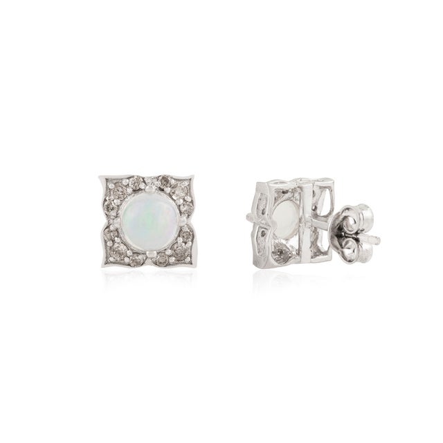 Modern Geometric Solid Silver Opal Halo Stud Earrings for Everyday Wear- 2 Pieces For Sale - Image 3 of 11