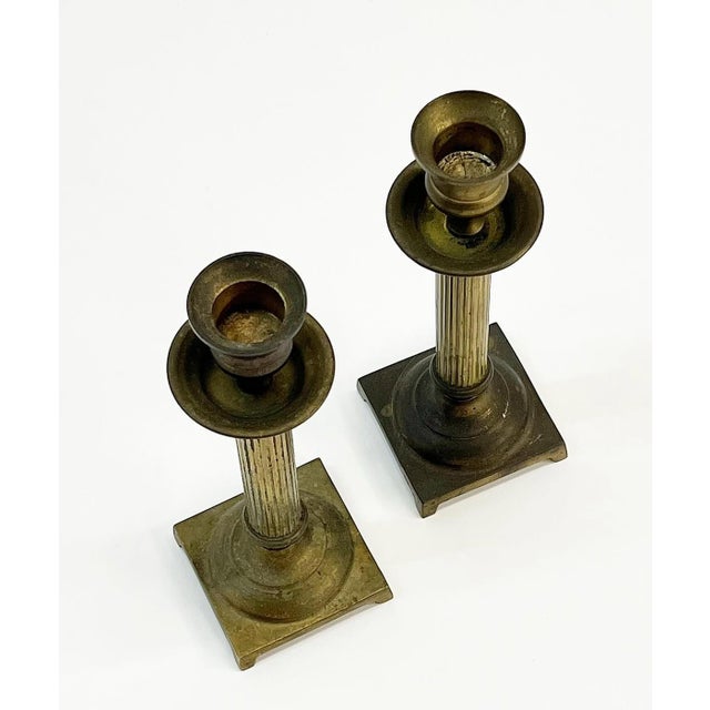 Metal Pair of Petite Vintage Brass Candlesticks For Sale - Image 7 of 12