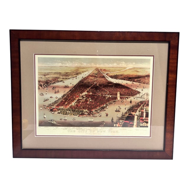 A Vintage 1884 Bird's-Eye View Lithograph of New York City by Currier & Ives, Featuring the Newly Opened Brooklyn Bridge . For Sale