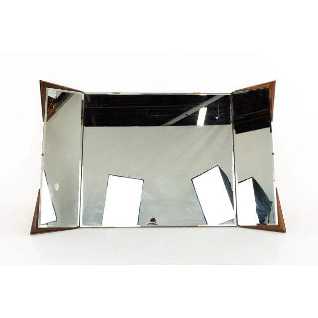 Albert Parvin for American of Martinsville Style Mid Century Diamond Walnut 3 Way Folding Mirror This mirror is 65 wide x...