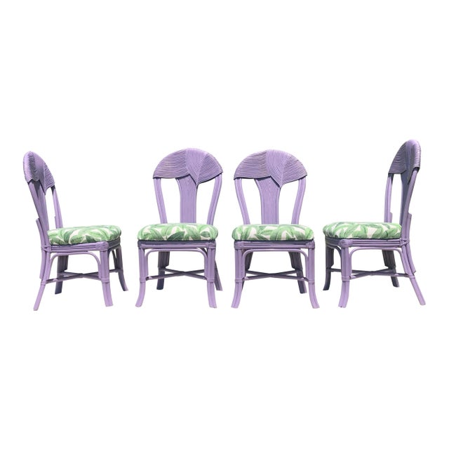 Vintage 80’s Gabriella Crespi style dining chairs. Colorful and stylish rattan chairs with pencil reed palm leaf designed...