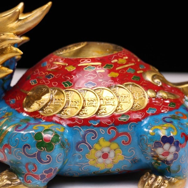 Late 20th Century Gilt Bronze Cloisonné Enamel Dragon-Turtle Figure With Coin Motif For Sale - Image 9 of 9