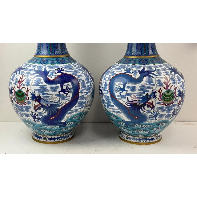 Chinese Monumental Pair of Chinese Cloisonne Enamel Blue and White Dragons Vases For Sale - Image 3 of 16