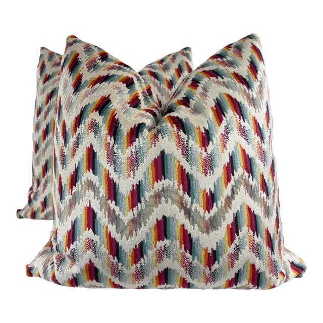 Chevron Cut Velvet in Rainbow 22” Pillows-A Pair For Sale