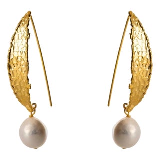 Chunky Gold Hook Baroque Pearl Drop Earrings, A Pair For Sale