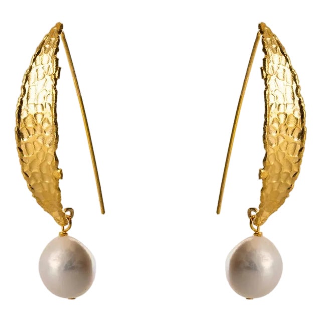 Chunky Gold Hook Baroque Pearl Drop Earrings, A Pair For Sale