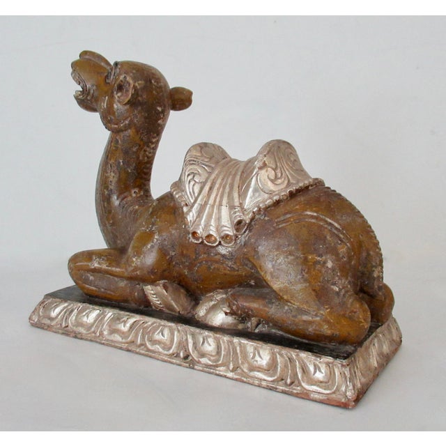 Anglo Indian Antique Anglo-Indian Hand-Crafted, Wood-Carved & Gilded Silver Leaf Reposed Camel Accent/Decorstive Piece For Sale - Image 4 of 18
