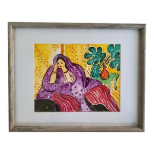 Contemporary Framed Original Watercolor Fauvist Figure Interior Scene Painting