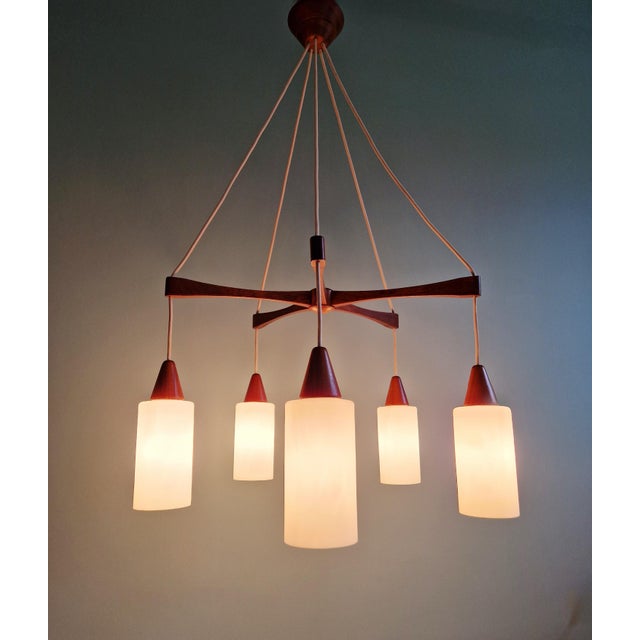 Large Scandinavian Chandelier in Teak and Satin White Opaline Glass, 1960s For Sale - Image 10 of 17
