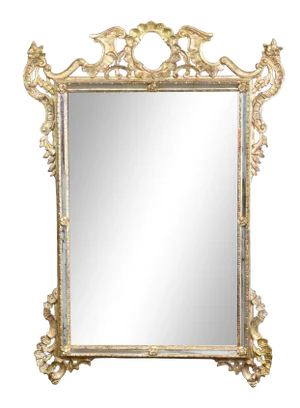 Antique 1900s Italian Rococo Baroque Style Gilt Wood Over-Mantle Mirror With Carved Wood Embellishments, Made in Italy