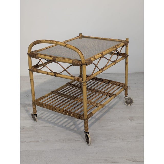 1960s Scandinavian Rattan, Raffia and Glass Serving Cart, 1960s For Sale - Image 5 of 14